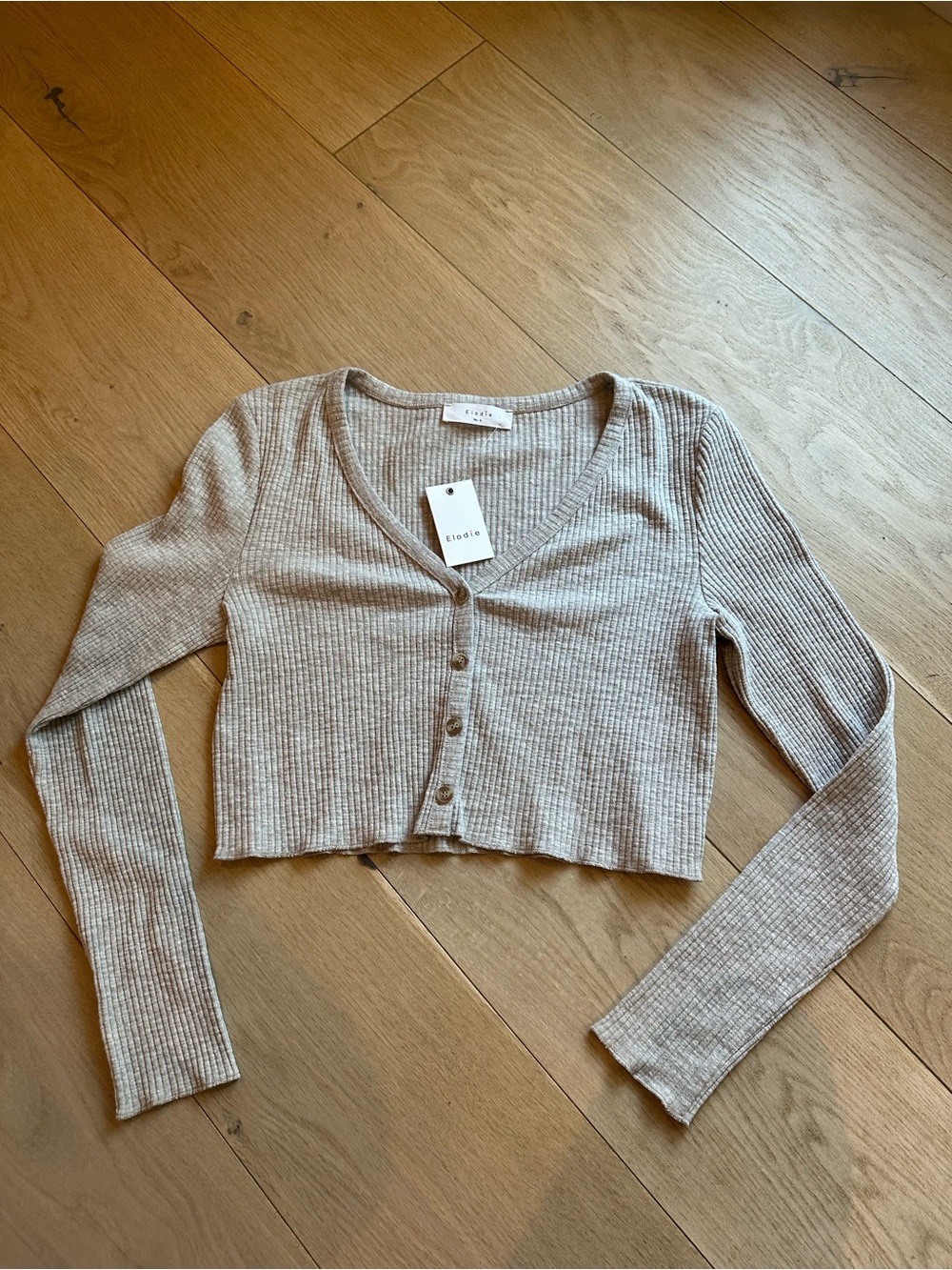 Elodie Ribbed Button-Front Crop Cardigan in Light Taupe